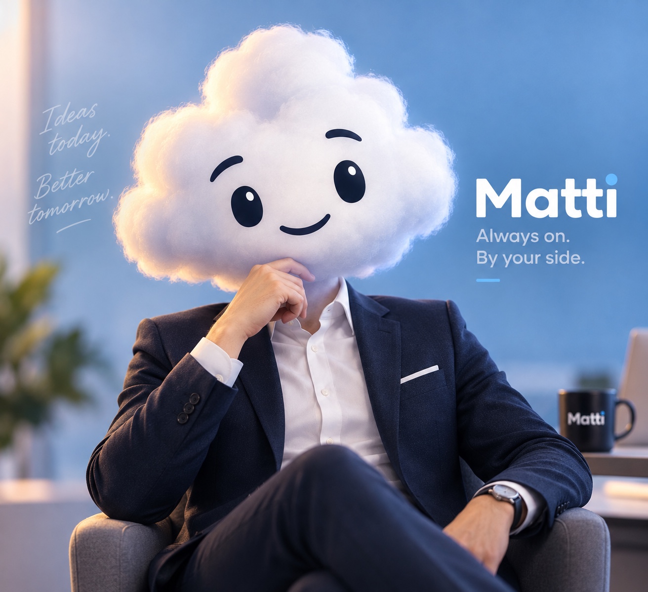 Matti met zijn witte wolkenhoofd, navy pak en vriendelijke glimlach